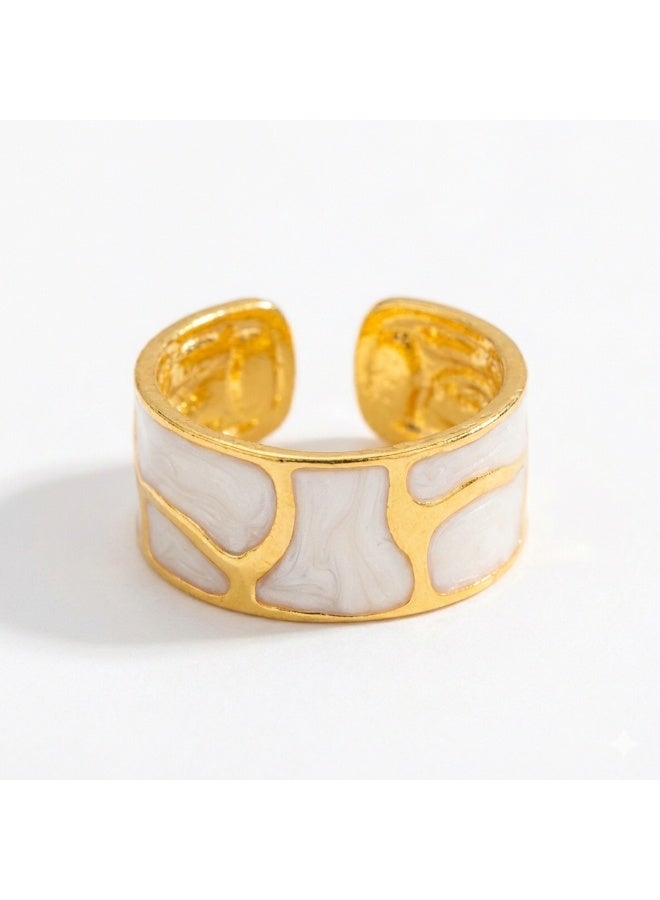 Gold Mosaic Marble Ring – White Enamel Design – Adjustable Free Size – Hypoallergenic Stainless Steel - Image 4